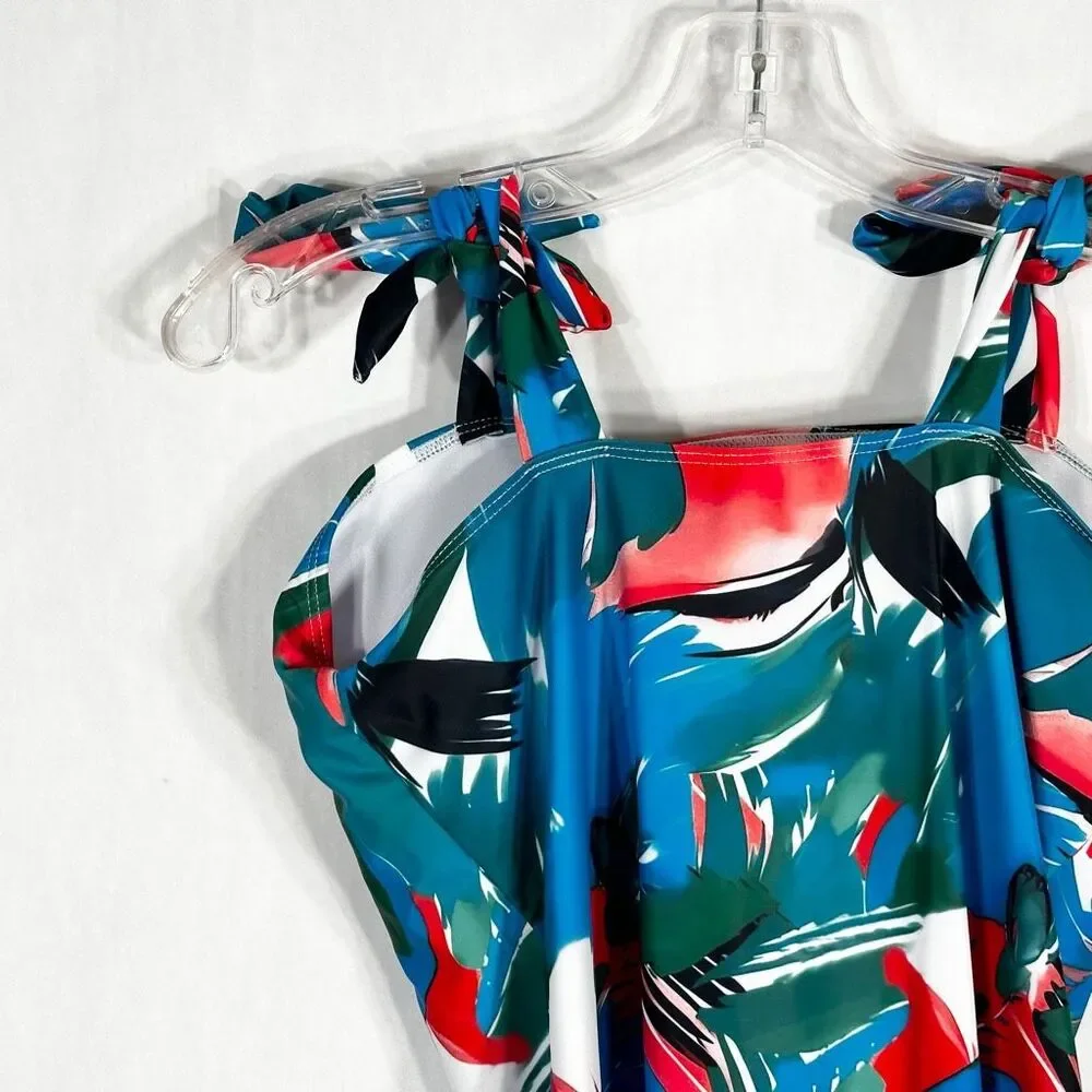 Tropical Swimsuit Size Large Womens One Piece Tie Straps Red Blue Green NWOT 558
